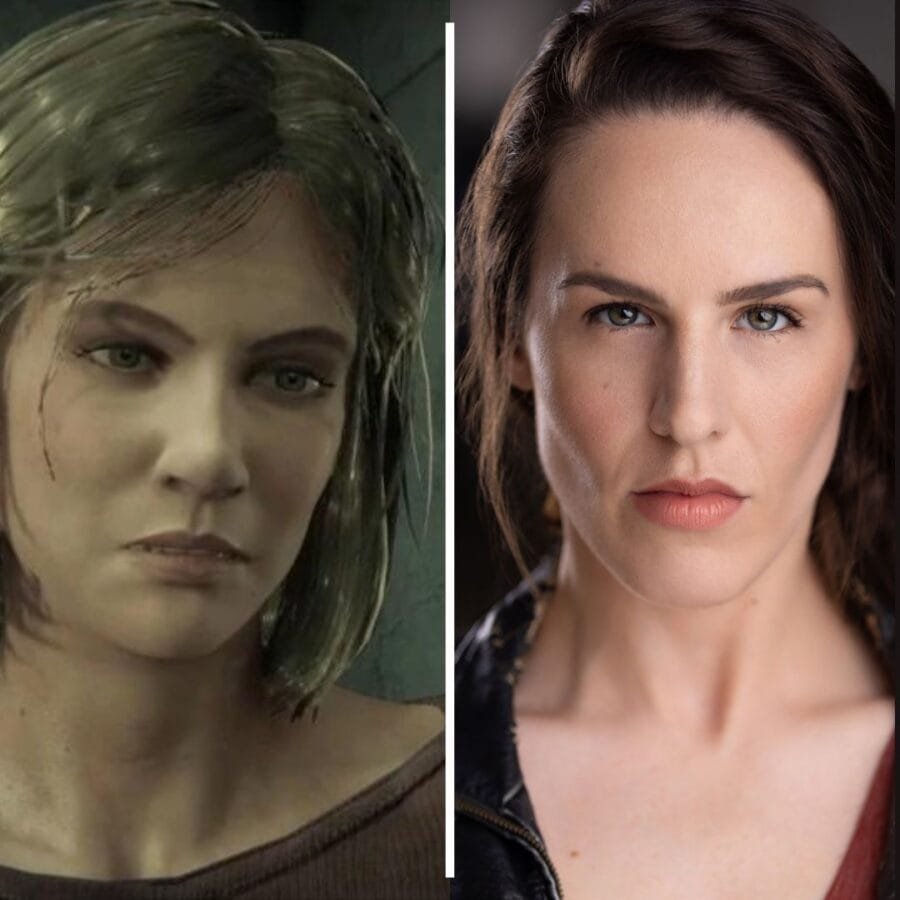 Woman performing motion capture and voice acting as Maggie in a video game scene from The Walking Dead