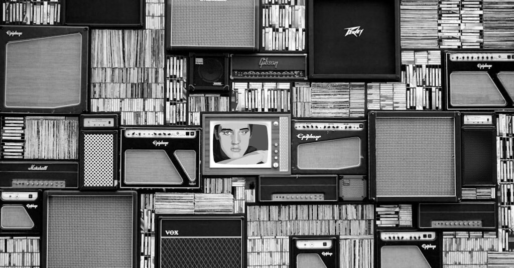 Vintage amplifiers and vinyl records arranged in a striking black and white pattern.