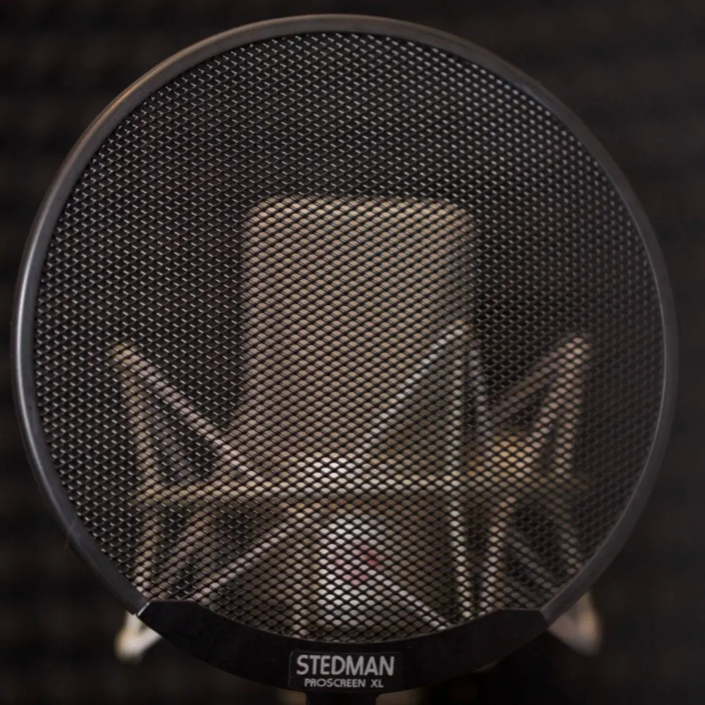 Close-up of the Neumann TLM 103 microphone with a pop filter in Shannon Scott’s acoustically treated Professional voiceover studio for professional voice over services