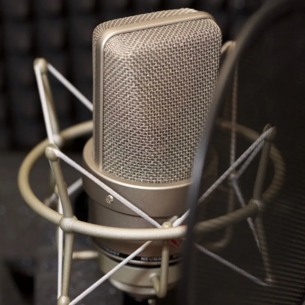 Female Voiceover Artist Shannon Scott's Neumann TLM 103 large-diaphragm condenser microphone set up for voiceover recording in professional home studio.