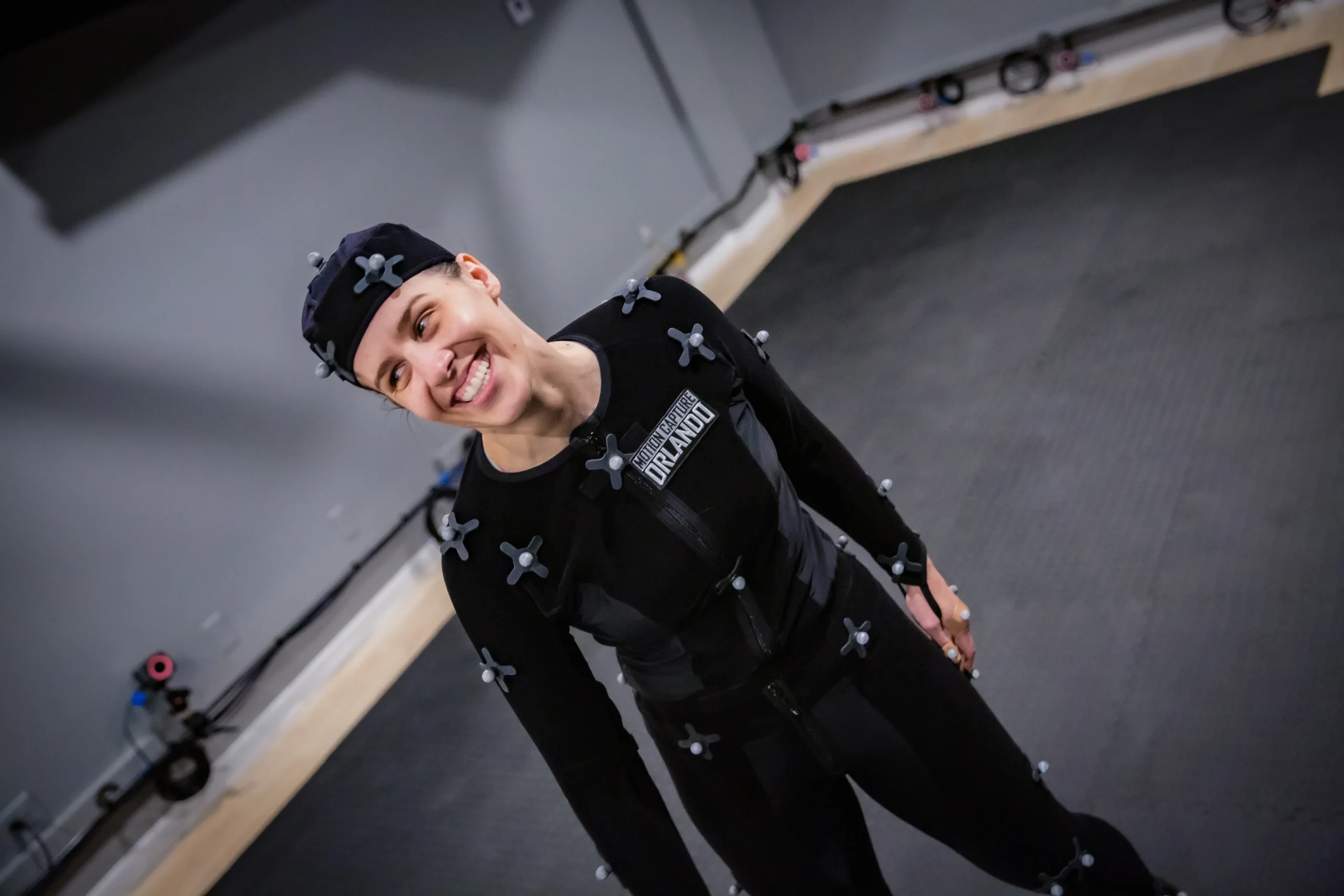 Shannon, professional performance capture actress, suited up and performing during a capture session