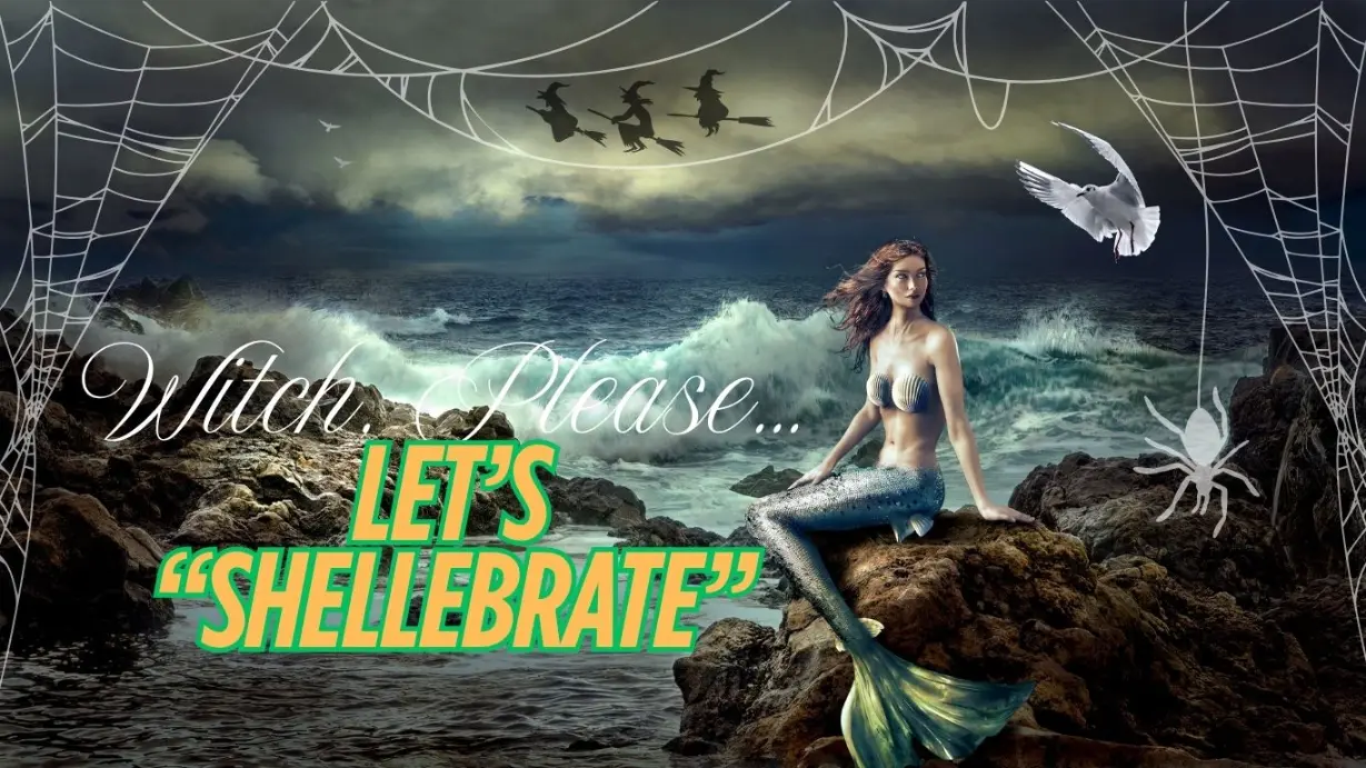 a photo of a mermaid on a beach in a spooky setting. Ready to have fun at a halloween mermaid retreat at The Bright Stars Greenroom