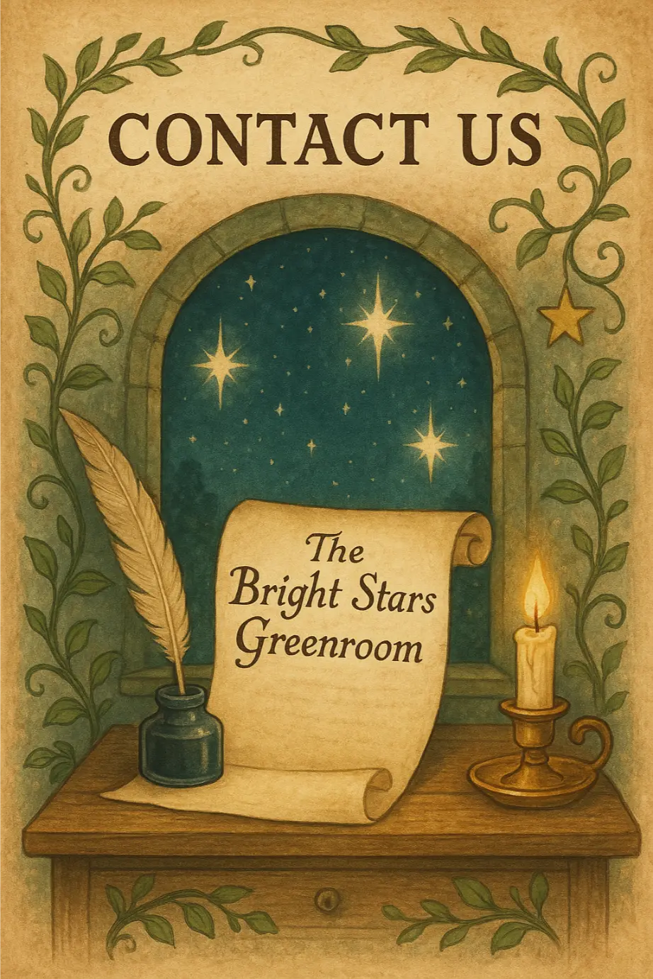 A whimsical, vintage-style illustration of a glowing lantern hanging beside an old wooden door, surrounded by ivy and soft golden light—inviting travelers to knock and enter.