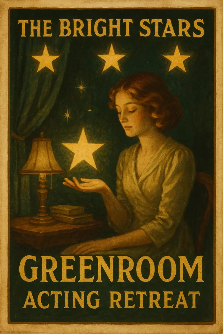 The Bright Stars Greenroom 3 Vintage-style photo of the Bright Stars Greenroom, showing a cozy, classic backstage lounge with stars shining bright.