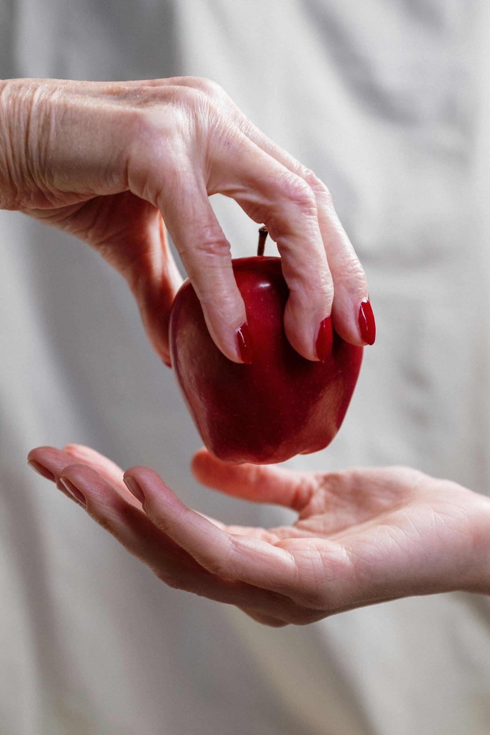 One hand offering an apple to another, symbolizing the artistry of giving and connection.