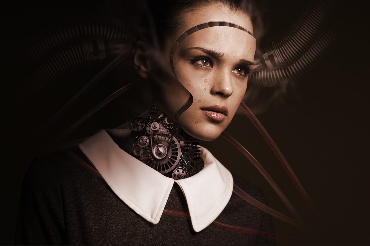 Acting 11 A portrait of a woman revealing robotic components beneath her skin, symbolizing a fusion of human and artificial intelligence.