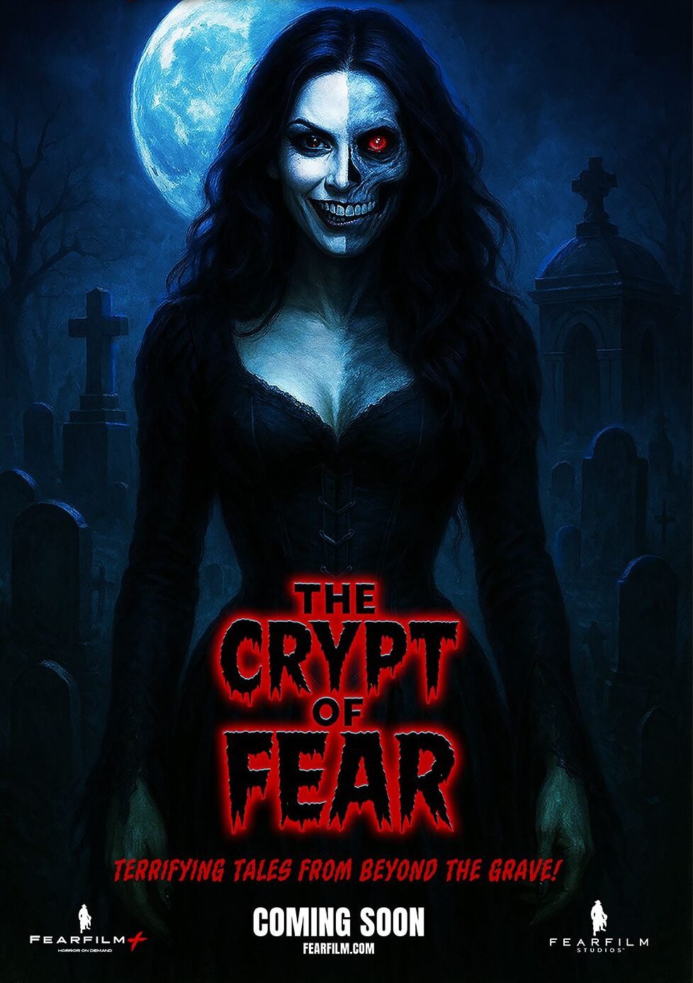 Shannon Scott as a new horror host in the dark, setting the eerie tone for The Crypt of Fear TV horror series.