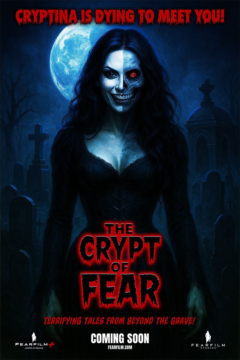 FEAR FILM STUDIOS UNVEILS A NEW ERA OF HORROR – AND I’M STEPPING INTO THE DARKNESS AS CRYPTINA 2 Shannon Scott as Cryptina in the dark, setting the eerie tone for The Crypt of Fear horror anthology series.