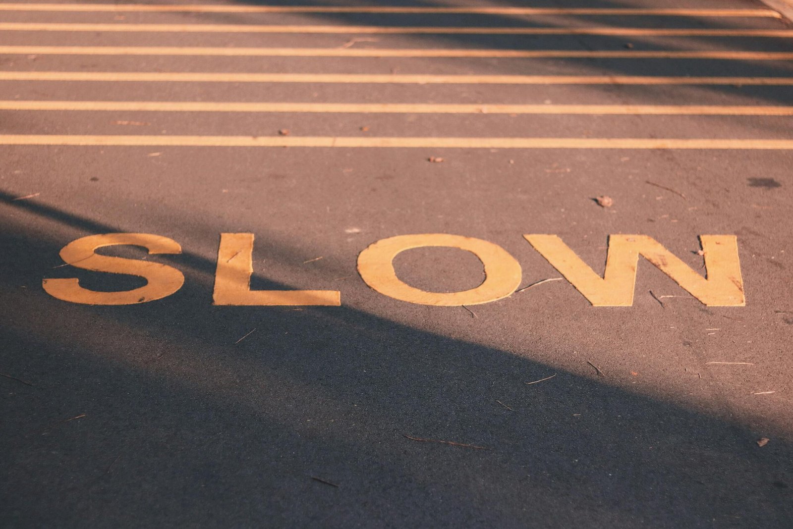 A road with the word “SLOW” painted on it, reminding viewers of the importance of slowing down and finding creative clarity.