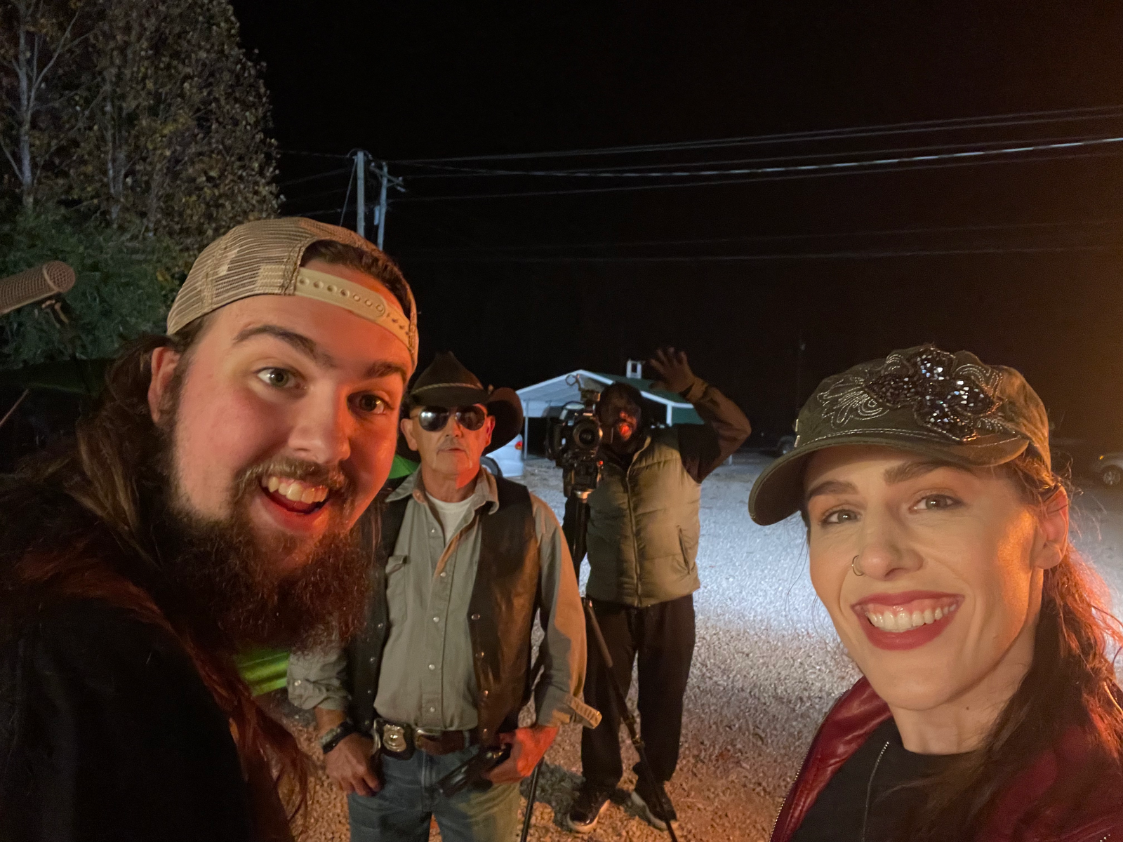 Jeff Miller, Godfred Bosumtwe, and Shannon Scott taking a behind-the-scenes selfie on the set of Eddie’s Trailer Park.