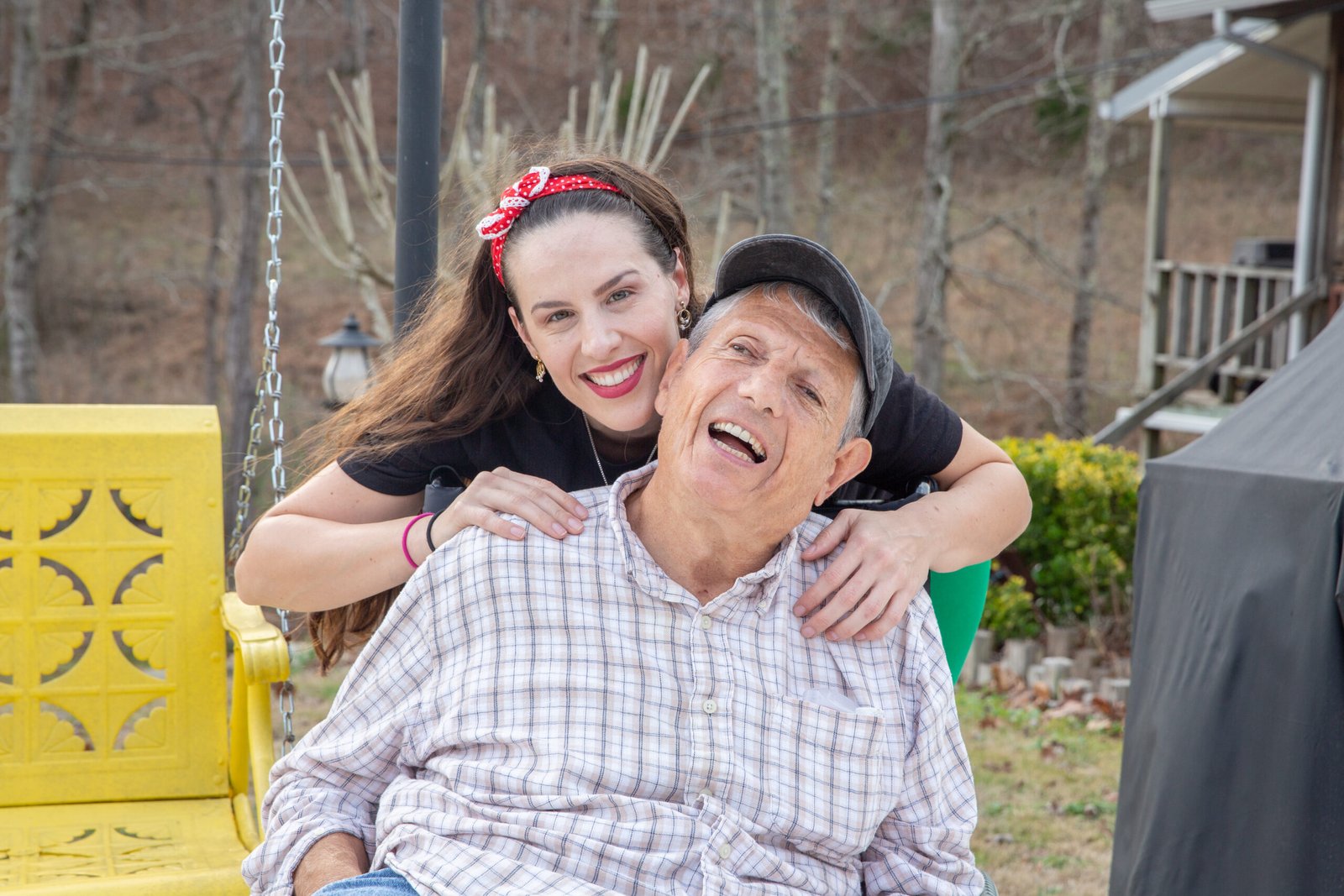 Shannon Scott and her uncle smiling together while working on Eddie’s Trailer Park, highlighting positivity for performers on set.