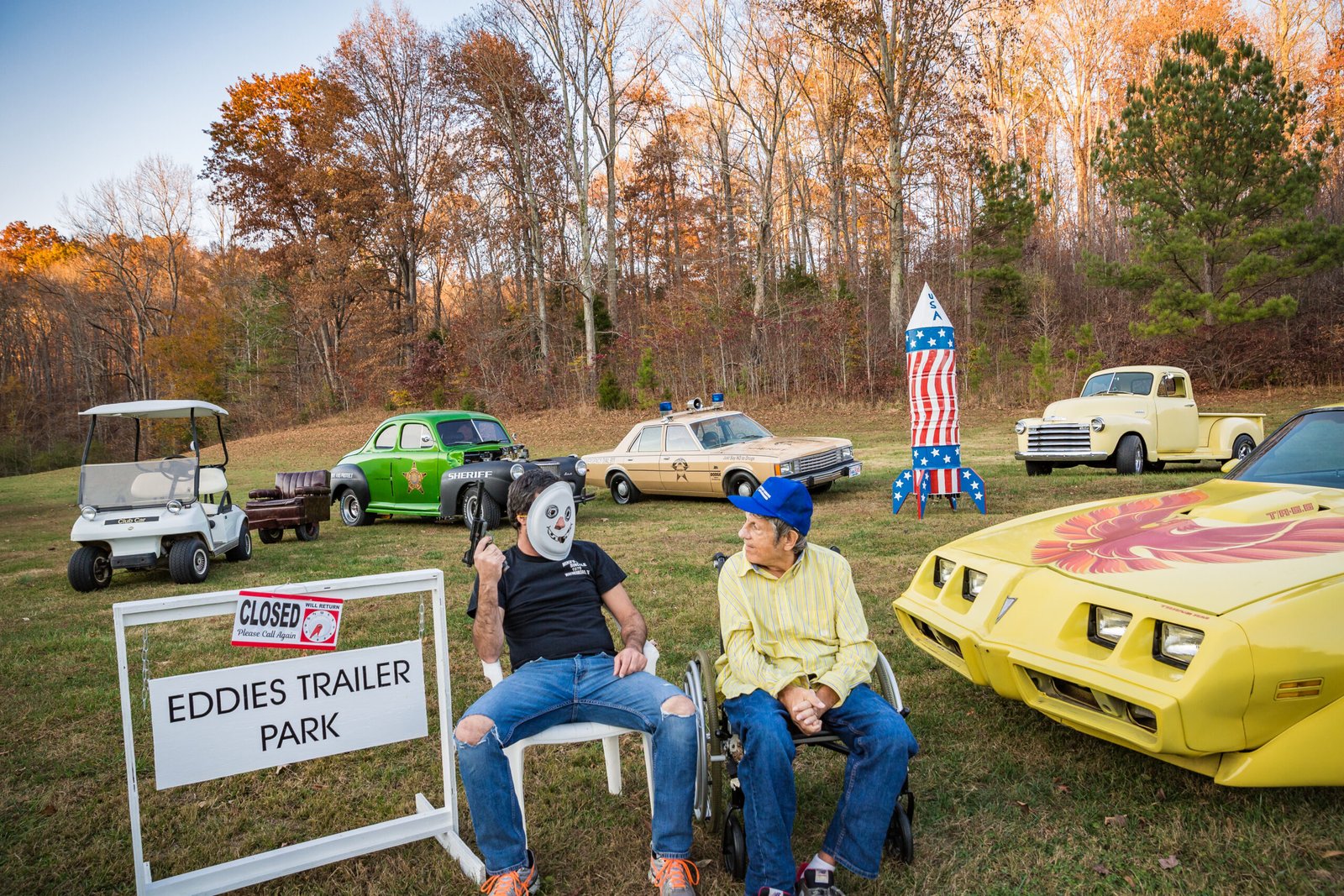 Joe Scott inspecting Alberto Luis during a behind-the-scenes moment on the set of Eddie’s Trailer Park.