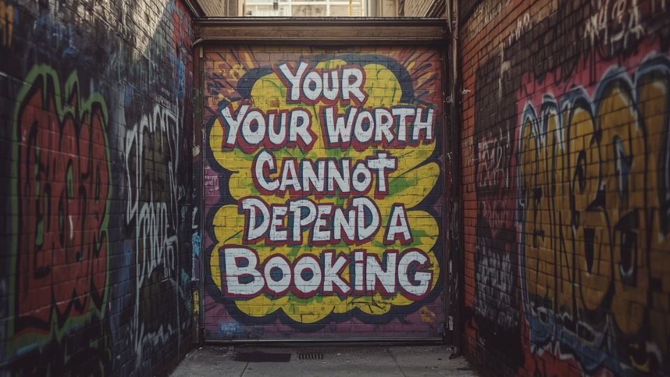 Acting Career: 7 Powerful Ways to Build Confidence Beyond Bookings 1 Inspirational message painted on brick wall reading "Your Worth Cannot Depend on a Booking," offering mindset guidance for actors building a sustainable acting career.